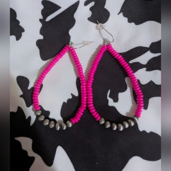 Pink and Silver Beaded Earrings - Picture 3 of 4